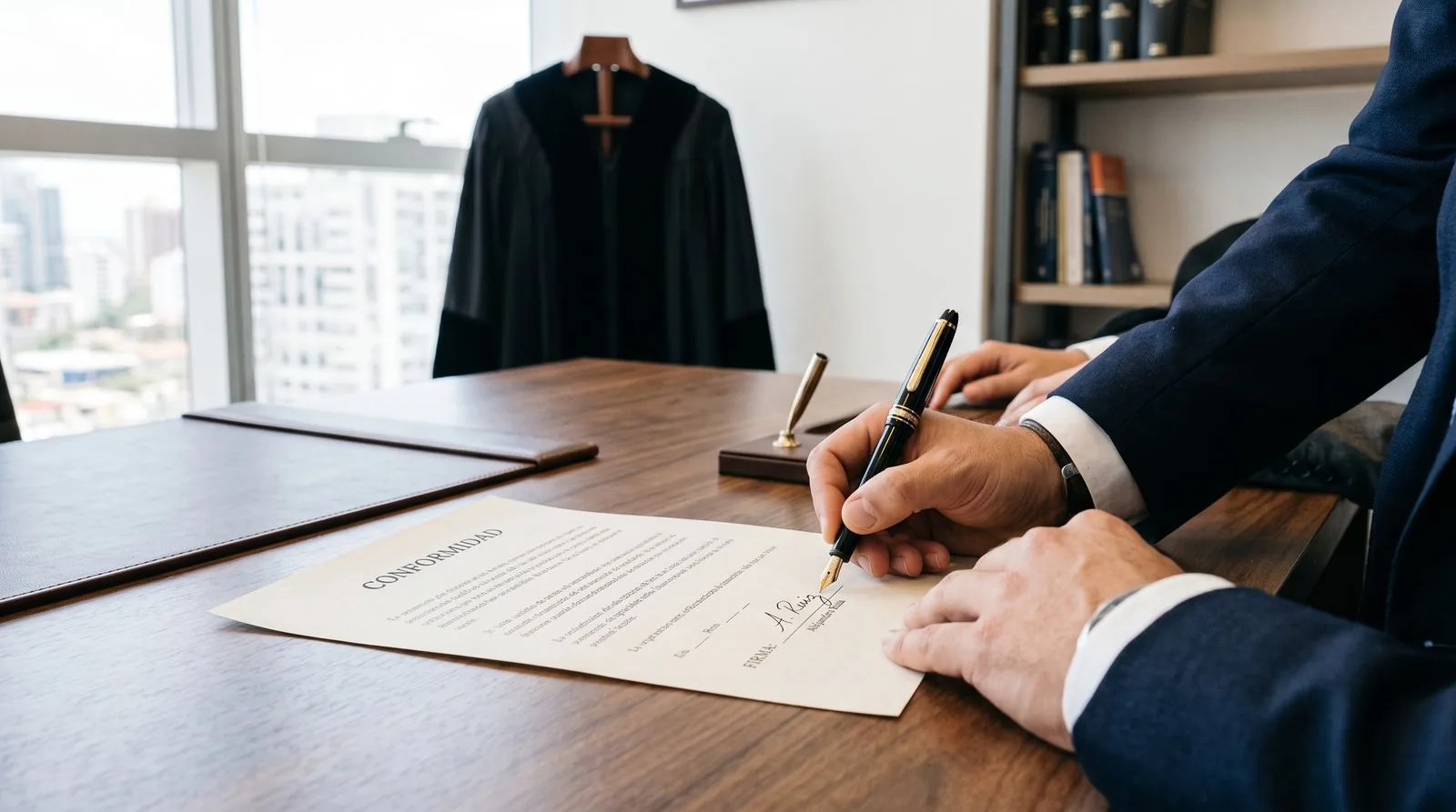 Criminal plea-agreement document being signed with a pen in a law firm's office
