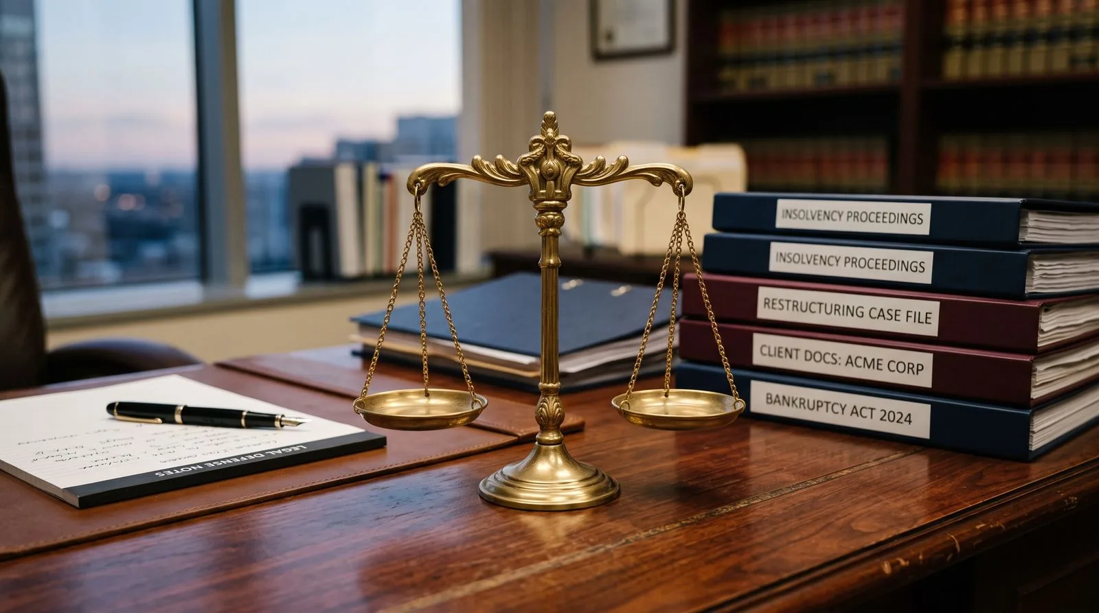 Scales of justice next to the files of insolvency proceedings