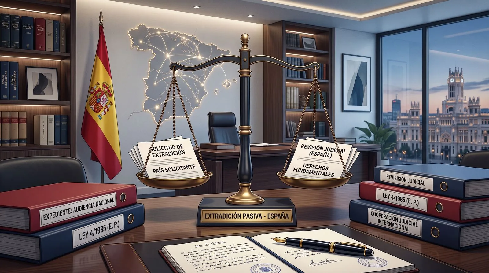 Scales of justice next to the documents of a passive extradition request to Spain