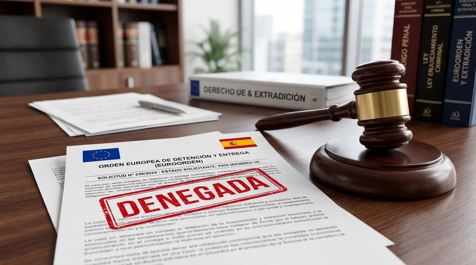 Judge's gavel resting on a European Arrest Warrant stamped as refused