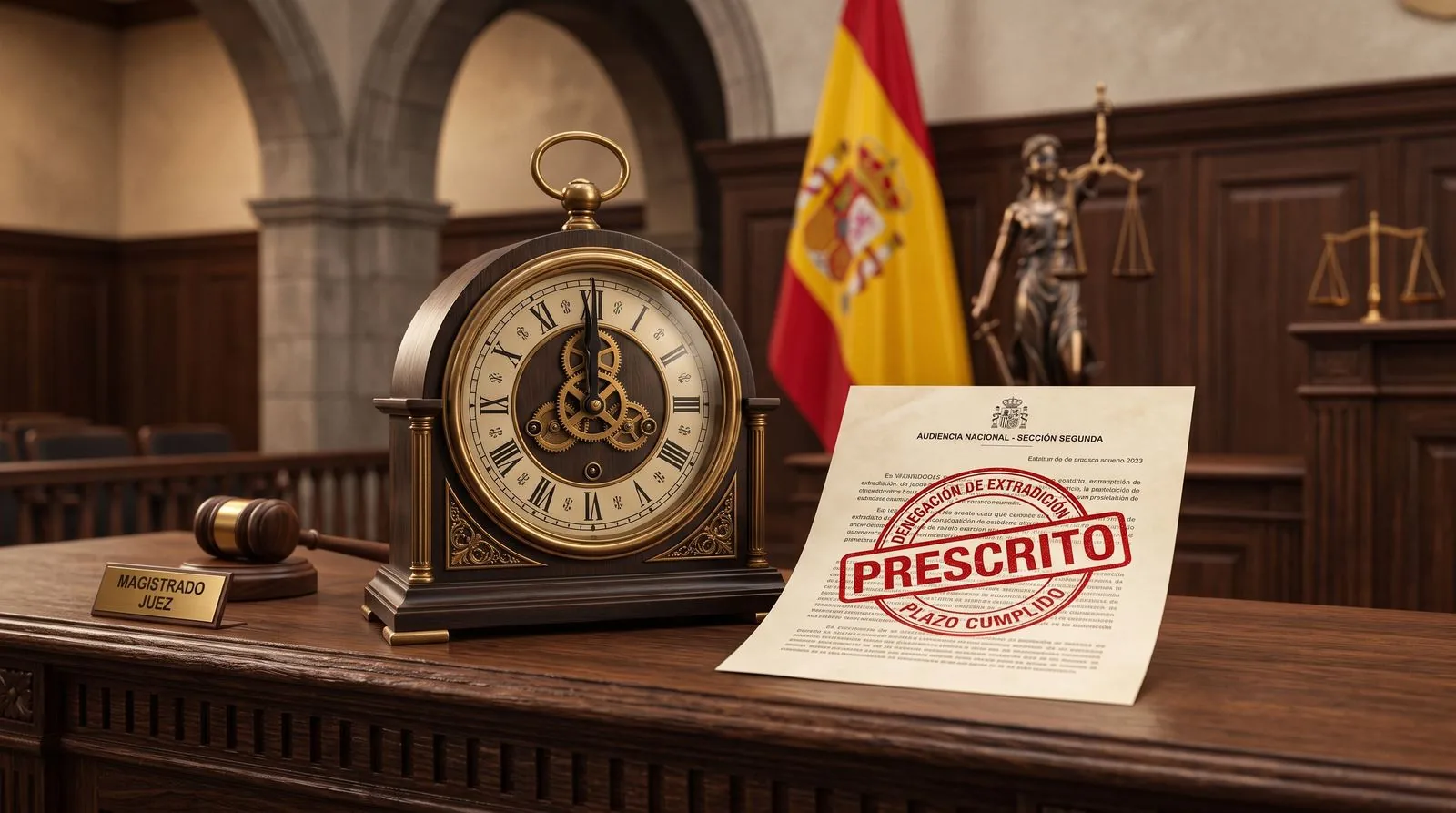 Judicial document stamped as time-barred next to an old clock in a courtroom of the Audiencia Nacional