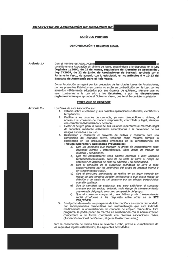 Founding bylaws of a cannabis association, with personal data redacted