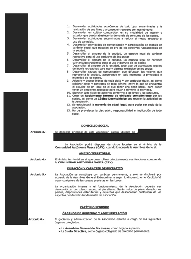 Constitución y redacción de estatutos de asociación cannábica — documento del expediente, con datos personales ocultados