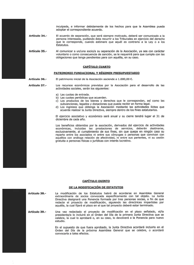 Constitución y redacción de estatutos de asociación cannábica — documento del expediente, con datos personales ocultados
