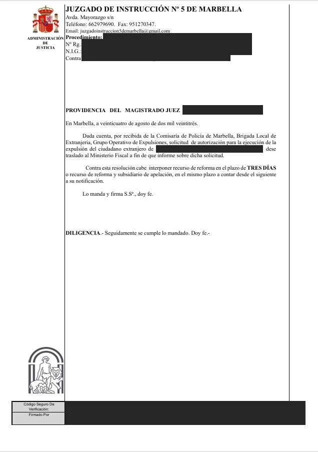 Court order on a request for the expulsion of a foreign national, with personal data redacted
