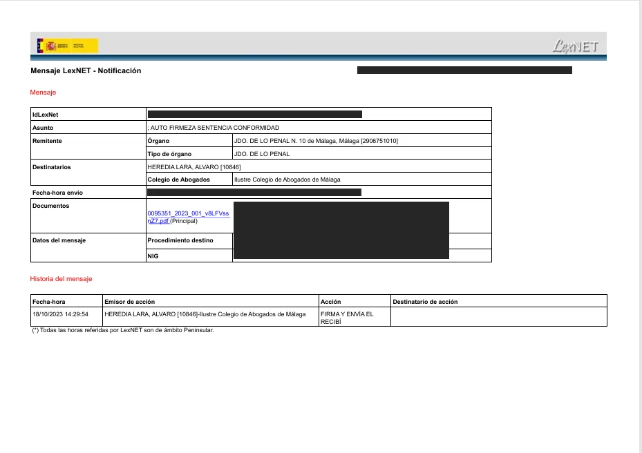 Order declaring a plea-agreement judgment final, Criminal Court of Málaga, with personal data redacted