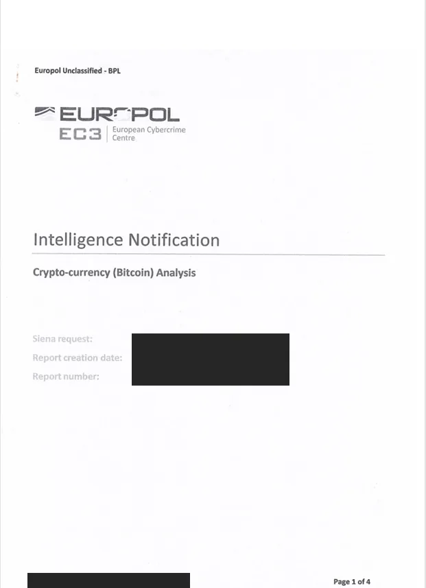 Enquête internationale sur une soustraction de cryptomonnaies avec la coopération d'Europol — document du dossier, avec données personnelles occultées