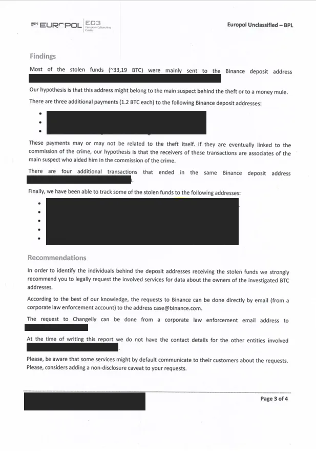 Enquête internationale sur une soustraction de cryptomonnaies avec la coopération d'Europol — document du dossier, avec données personnelles occultées