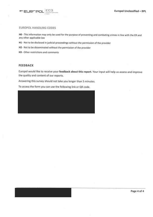 Enquête internationale sur une soustraction de cryptomonnaies avec la coopération d'Europol — document du dossier, avec données personnelles occultées