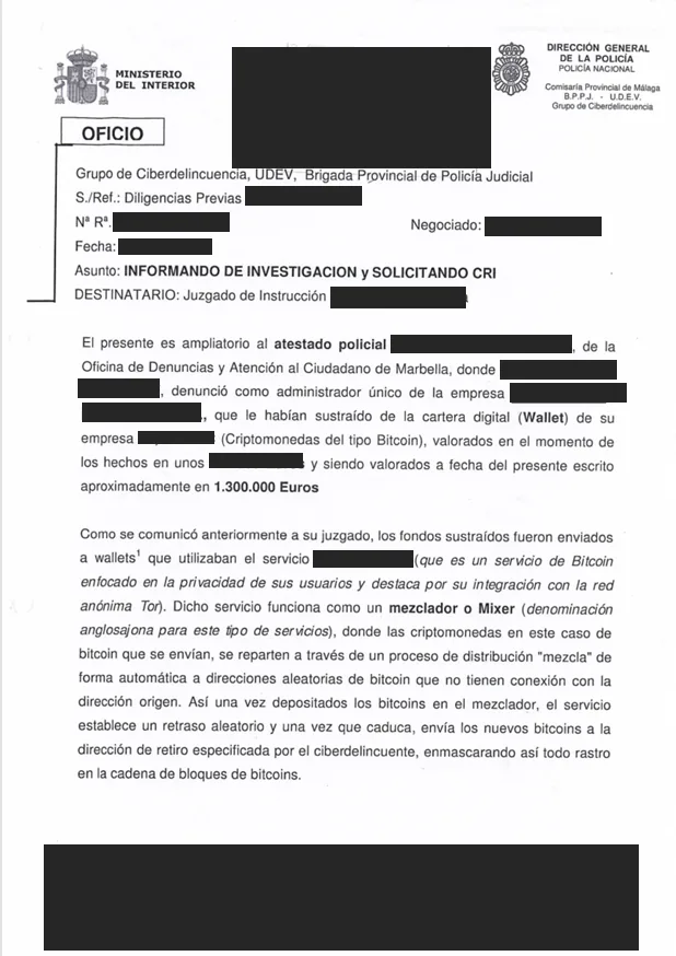 Enquête internationale sur une soustraction de cryptomonnaies avec la coopération d'Europol — document du dossier, avec données personnelles occultées