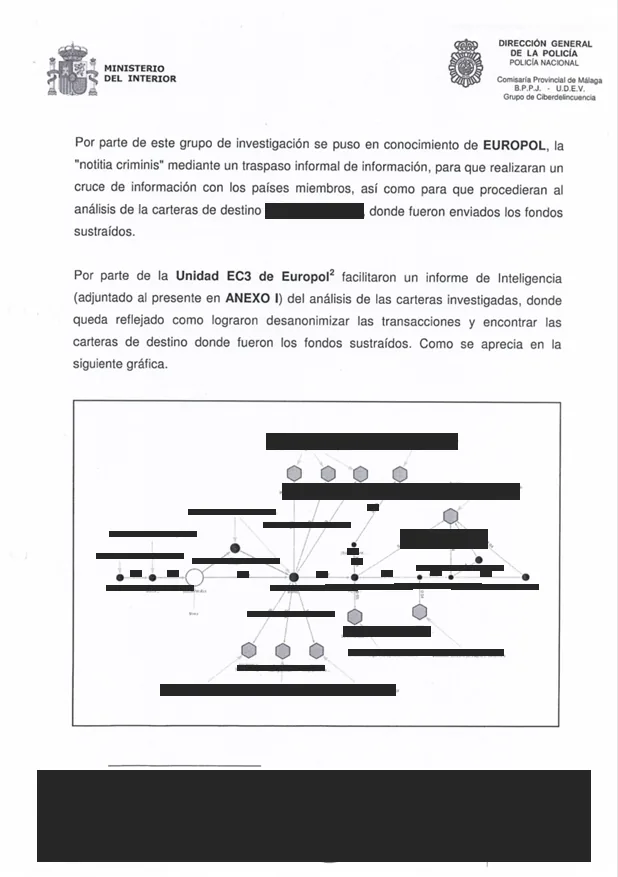 Enquête internationale sur une soustraction de cryptomonnaies avec la coopération d'Europol — document du dossier, avec données personnelles occultées