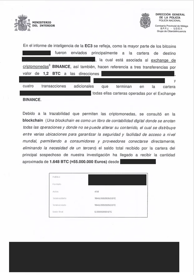 Enquête internationale sur une soustraction de cryptomonnaies avec la coopération d'Europol — document du dossier, avec données personnelles occultées