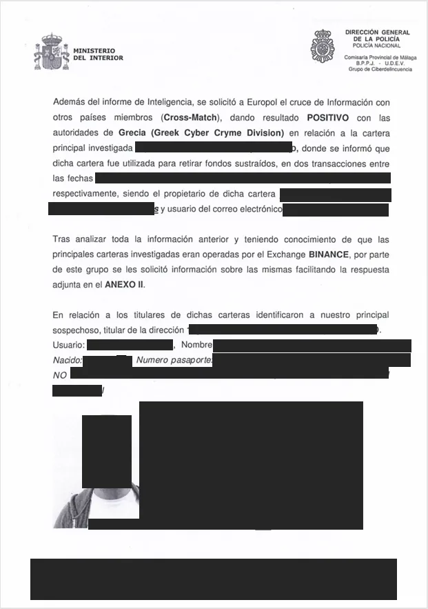 Enquête internationale sur une soustraction de cryptomonnaies avec la coopération d'Europol — document du dossier, avec données personnelles occultées