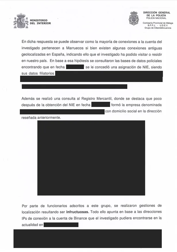 Enquête internationale sur une soustraction de cryptomonnaies avec la coopération d'Europol — document du dossier, avec données personnelles occultées