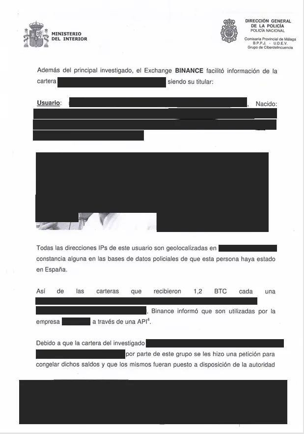 Enquête internationale sur une soustraction de cryptomonnaies avec la coopération d'Europol — document du dossier, avec données personnelles occultées