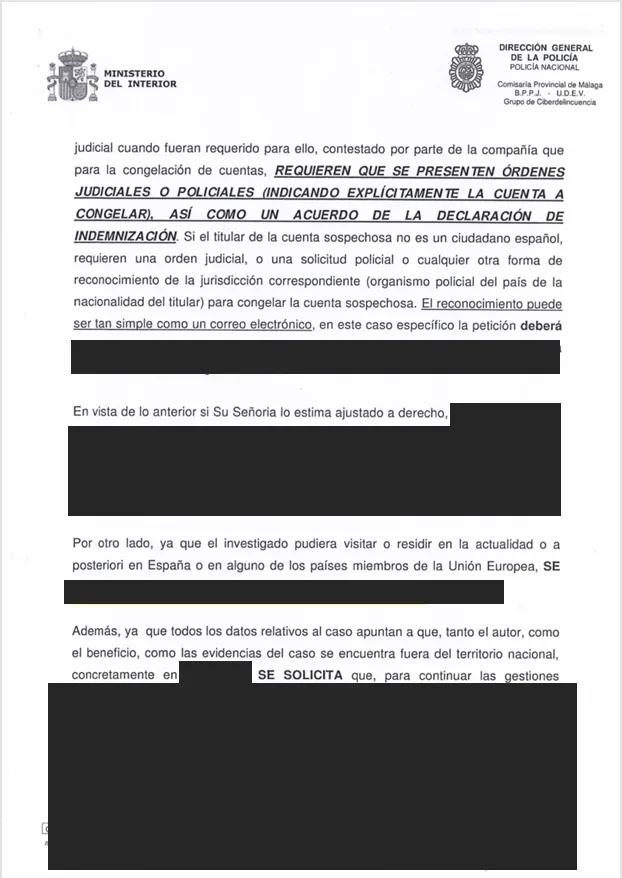 Enquête internationale sur une soustraction de cryptomonnaies avec la coopération d'Europol — document du dossier, avec données personnelles occultées