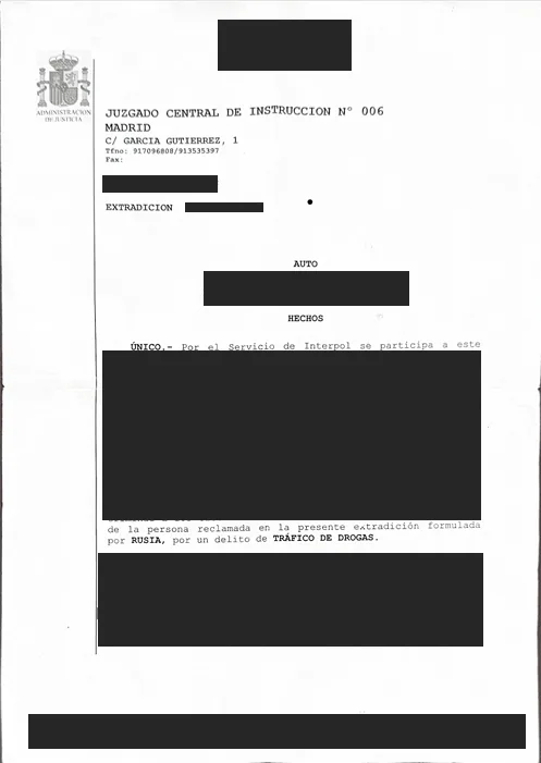 Order of the Central Court of Preliminary Investigation of Madrid in passive extradition proceedings, with personal data redacted