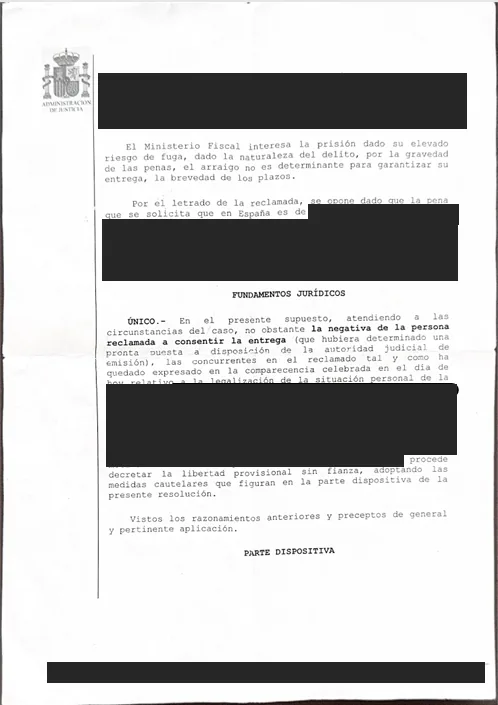 Vorläufige Haftentlassung im Verfahren der passiven Auslieferung — Dokument aus der Akte, mit unkenntlich gemachten personenbezogenen Daten