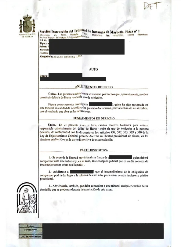 Order of provisional release without bail for theft and unauthorised use of vehicles, with personal data redacted