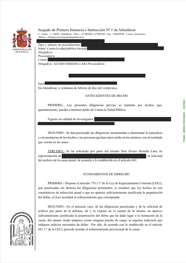 Order of provisional dismissal for an offence against public health, with personal data redacted