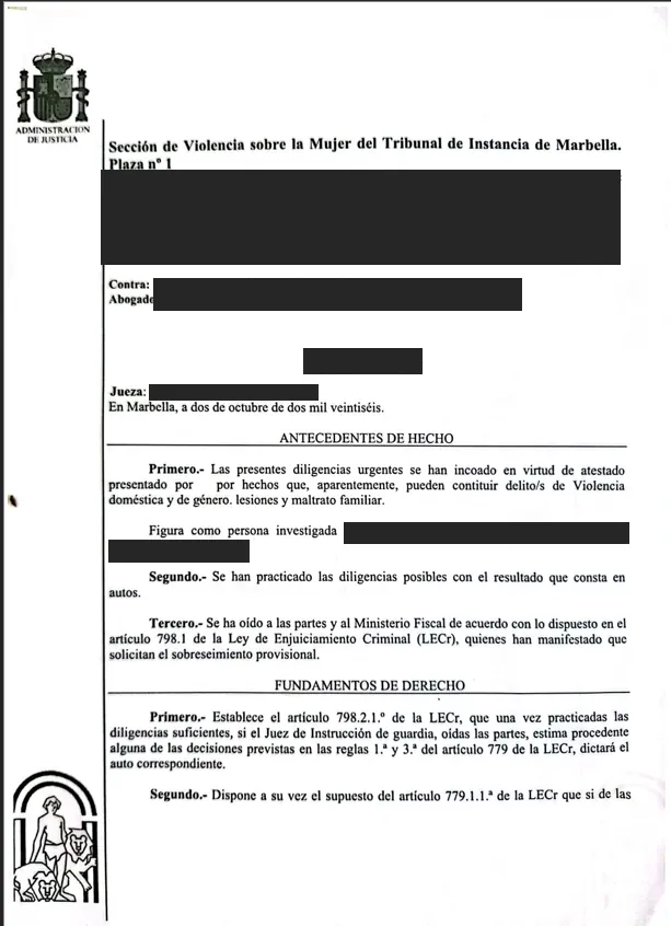 Non-lieu provisoire pour violences domestiques et conjugales — document du dossier, données personnelles occultées